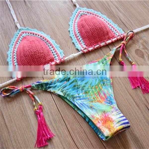 crochet top and elastic bottom style hand crochet sexy swimwear
