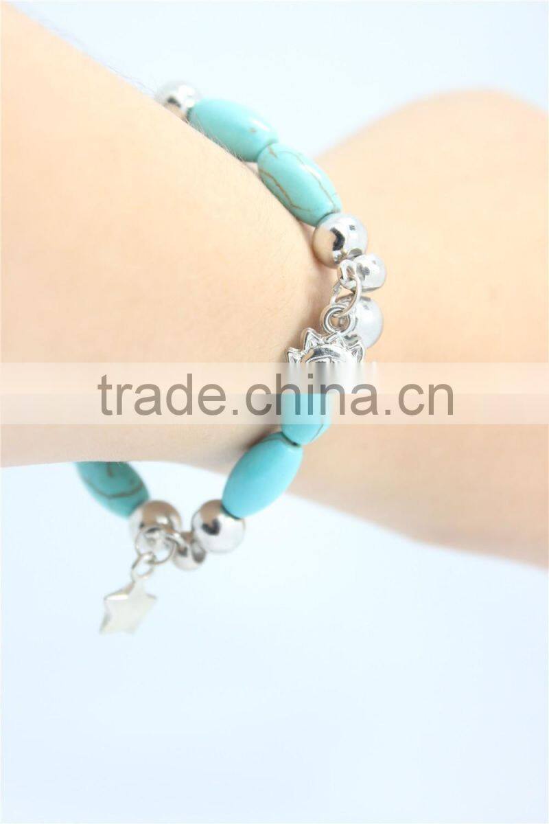 Chuncky Tribal Stretch Bracelet in Turquoise &Silver Shell Key Star Antique Silver Charm Bohemian Gypsy Bracelet