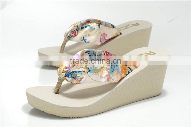 ladies printing sexy satin strap wedge flip flop sandals