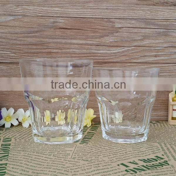 Clear glass tumbler with 280ML capacity and 14 angles bottom