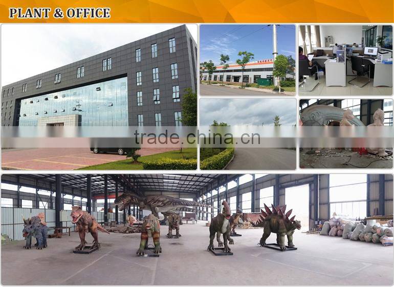 Amusement park facility riding and roaring dinosaur