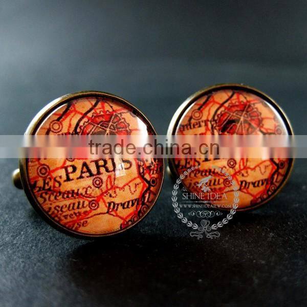 20mm vintage style antiqued bronze Paris old map art collage glass cabochon round cufflinks fashion wedding cuff links 6600036