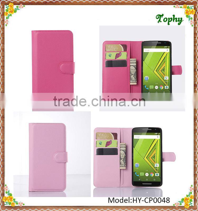 Black PU Leather + PC Litchi Pattern Wallet Card Stand Cover Holster Phone Sets Magnetic Flip Case For Motorola X Play