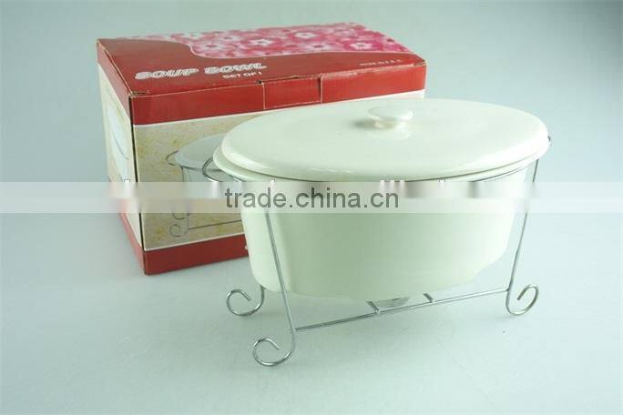 stock white oval ceramic soup tureen with cover and steelness parts, color gift box for promotion
