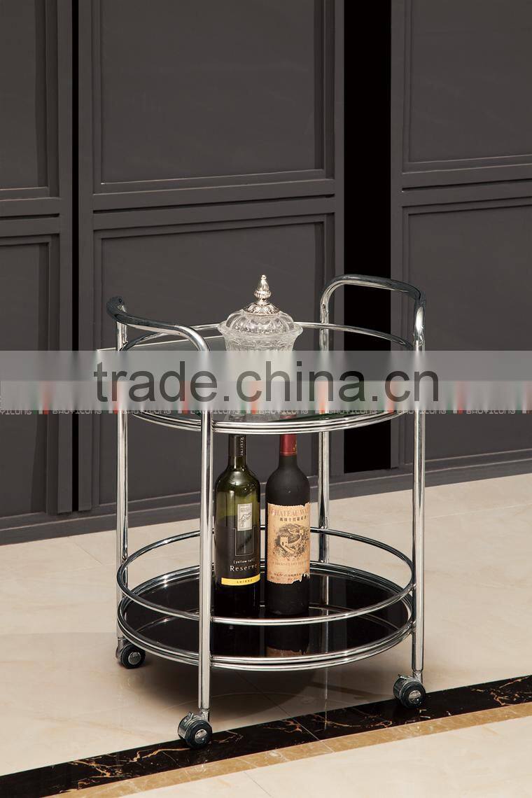 Round Buffet Kitchen Dining Serving Cart Black Stainless Steel Bottle Glass Holders Tray N6403