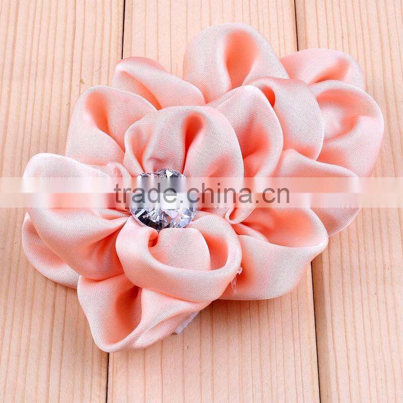 handmade satin fabric flower with rhinestone center for kids hair accessories