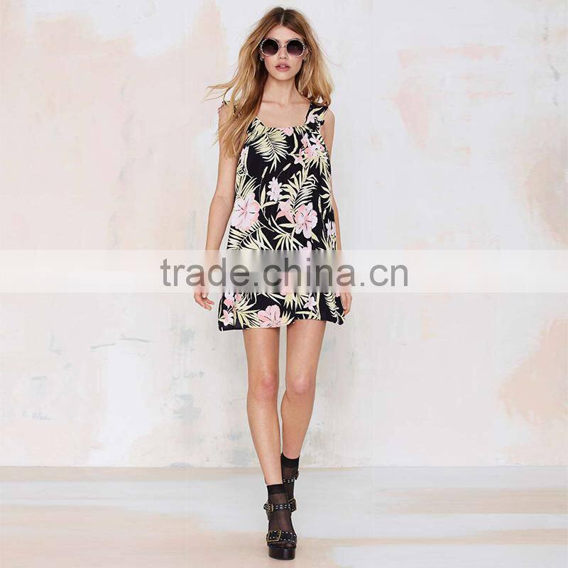 Ladies Fashion Sexy Back Open Floral Print Falbala Halter Top Short Dress