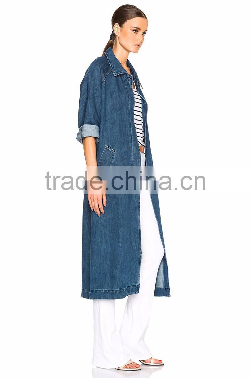 latest design fitted elongated long denim coat for women