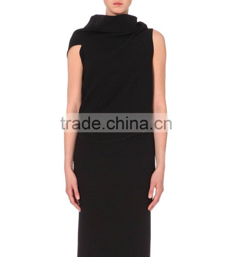 Wholesale Women Apparel Cap Sleeves Cowl Neck Textured Asymmetric Hem Wool-crepe Blouse(DQE0262T)