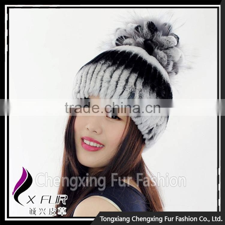 CX-C-245C Custom Cute Pom Pom Rex Rabbit Fur Beanie Hat And Cap Fur Hats