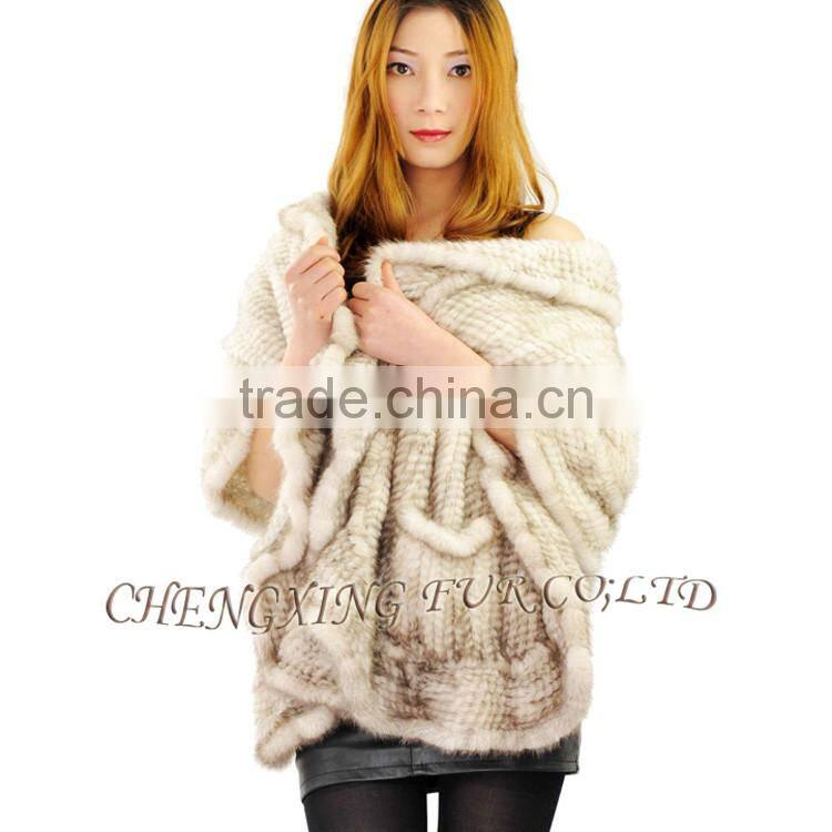 CX-B-M-15A Custom In Stock Large Real Mink Fur Knitted Shawl Poncho Scarf