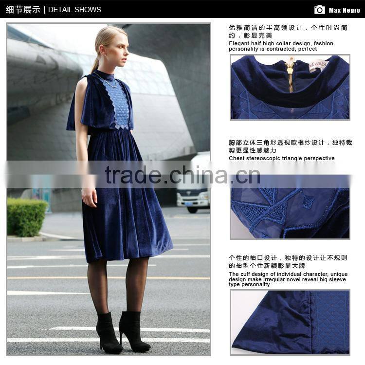 High Quality Sexy Lady Long Lace Sleeve Velvet Embroidered Dress