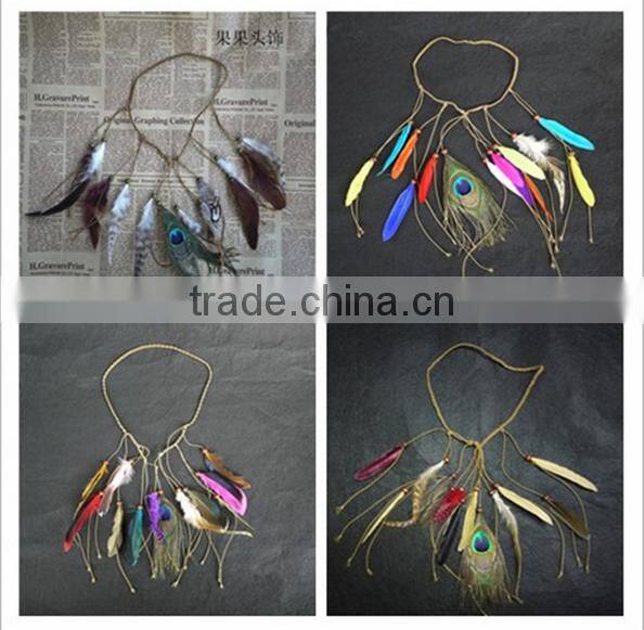 colorful feather handmade woven cord hair accessories fashion women feather headbands hair jewelry for party 2016