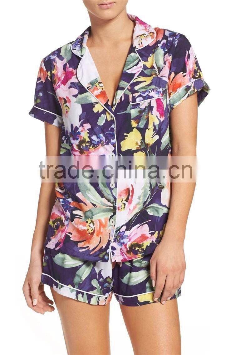 Custom Floral Print Women Short Pajamas Pyjama Set White Piping Short Sleeve Top With Shorts PJ Set