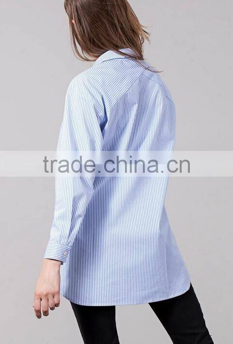 Runwaylover EY2326B 2017 Latest Blouse Design Women's Blue Striped Cold Shoulder tie sleeve shirt