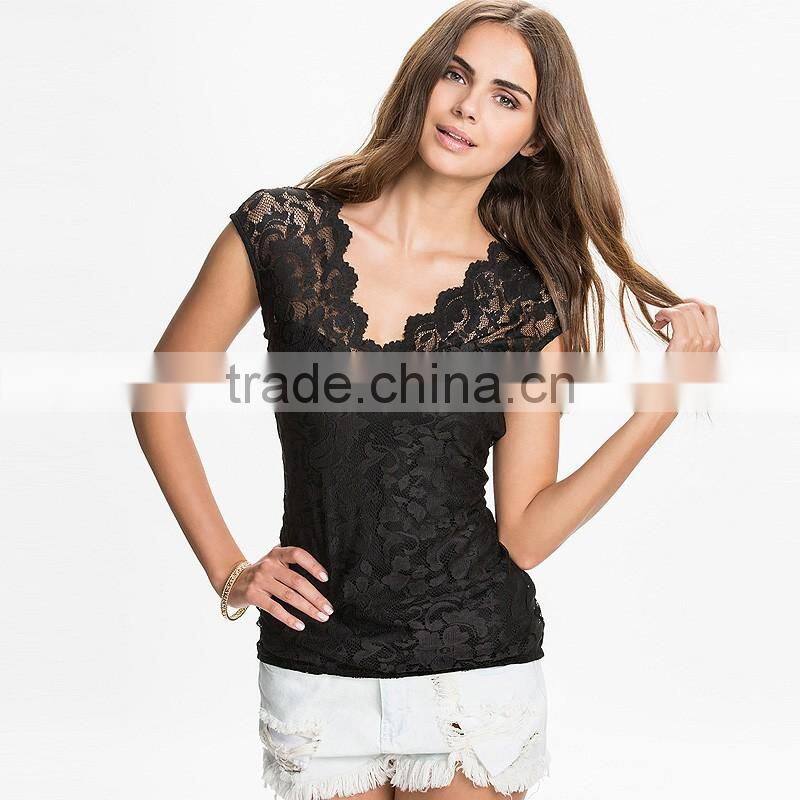 Women's V-neck navy,black,white sleeveless lace tunic t shirt