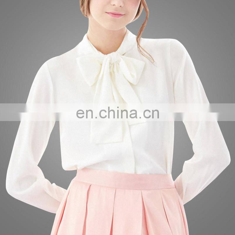 Japanese Girl Style Long Sleeve White Chiffon Bow Tie Girls Shirt