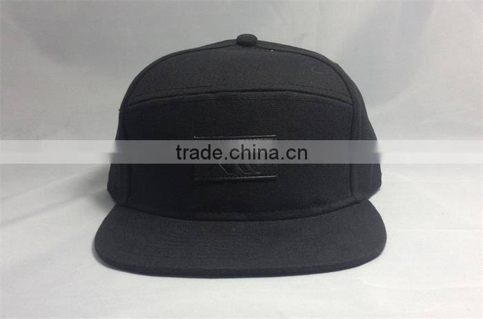 custom cheap 7 panel wool flat brim leather patch snapback cap