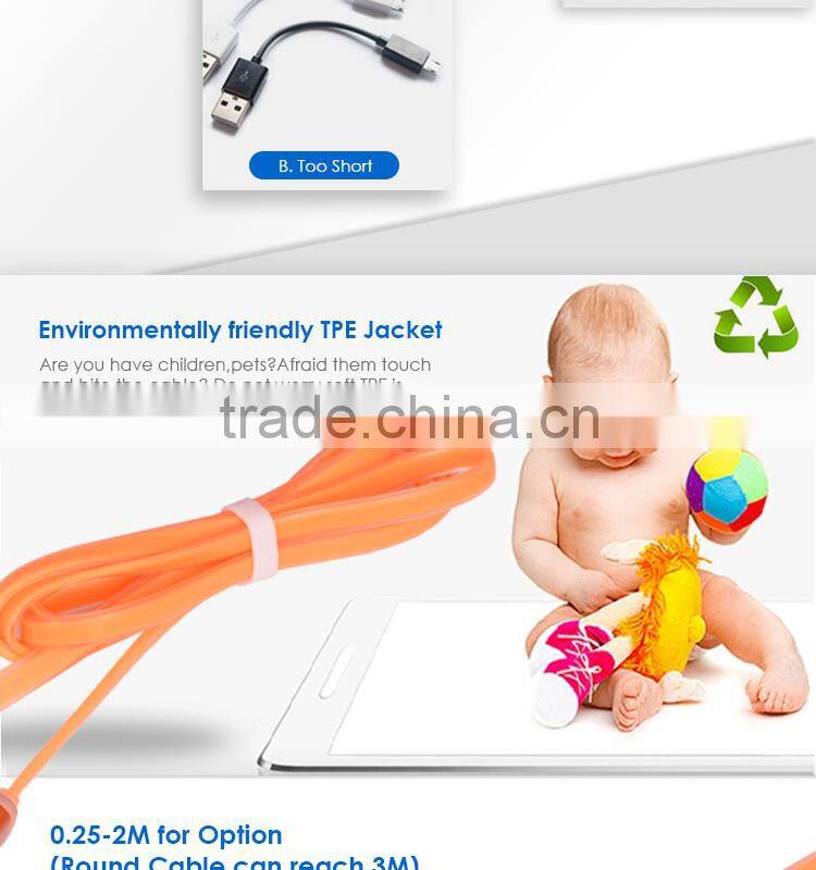 Colorful Soft TPE transparent Flat Micro USB cable for mobilephone/tablet PC