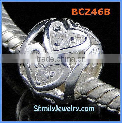 Wholesale Pink CZ Rhinestone Sterling Silver Heart Beads BCZ43A