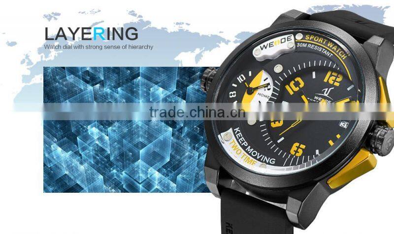 WEIDE top brand watch mens dual time watch big black dial japan movt quartz watch stainless steel back water resistant 30m compl