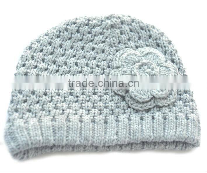 grey knit hat with crochet flower for girls