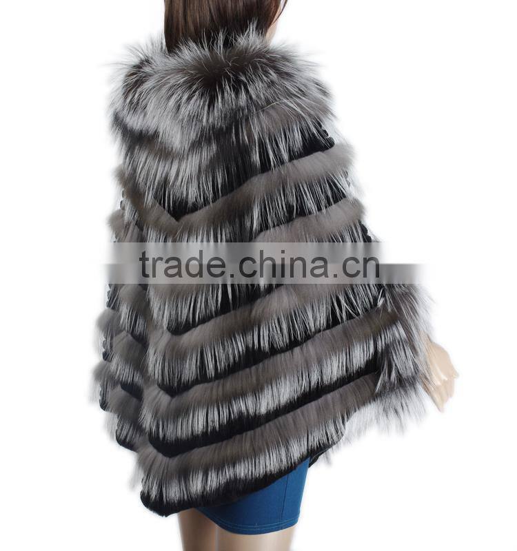 Women beautiful fur poncho silver fox fur poncho rex rabbit fur poncho sale KZ150082