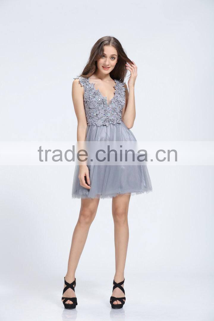 12735 V-neck lace tulle harder Mesh with Satin grey sleeveless cute prom party dress