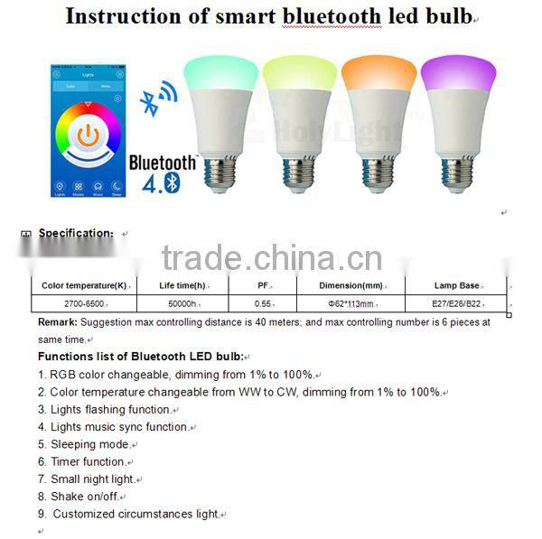 6W e27 wireless bluetooth led bulb, APP,ANDROID control