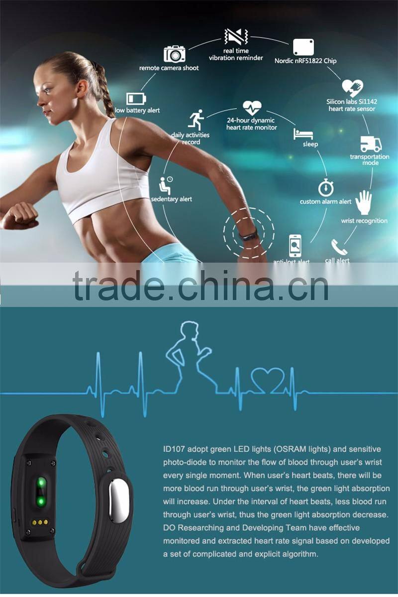 ID107 Bluetooth Smart Bracelet smart band Heart Rate Monitor Wristband Fitness Tracker remote camera for Android iOS