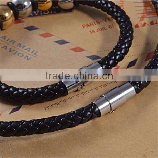 Europe Stainless Steel Two Tone Charm Cuff Bracelet Jewelry Sets Brown Leather Braided Necklace