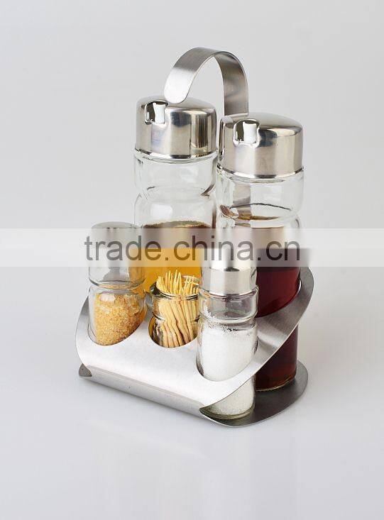 Green powder spraying condiment set,stainless steel condiment container&crue-stand,2pcs glass cover spice jar