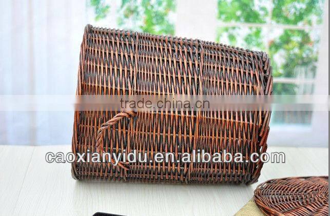 Chinese Big Willow Basket with Handles and Lid Room Wastepaper Basket Decor Home Props
