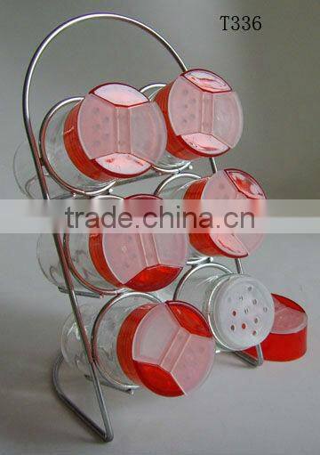 colorful cylinder glass 6 jars spice rack set with colorful plastic lid