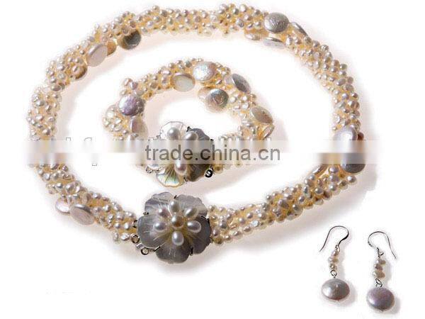 Coin and Rice Pearl Necklace Design and Earring Set Bracelet