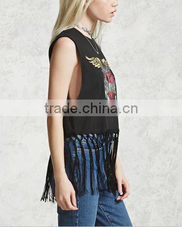 2017 Women fashion tank top ptinted front tassel details black cool tops for women