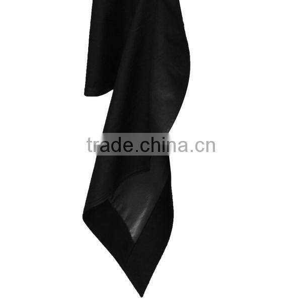 Special Deisgn Cool Style Long Flared Side Neck Design Black Leather Jacket for Women