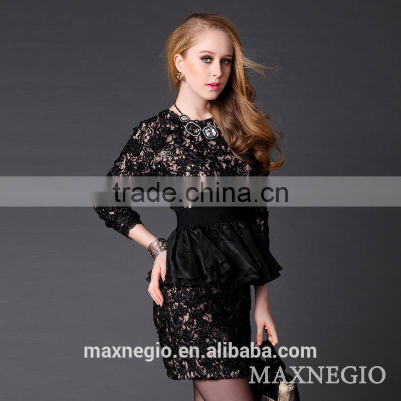 hot sale above knee Mini 3/4 sleeve hot girl sexy club black lace gold sequin sexy prom dress