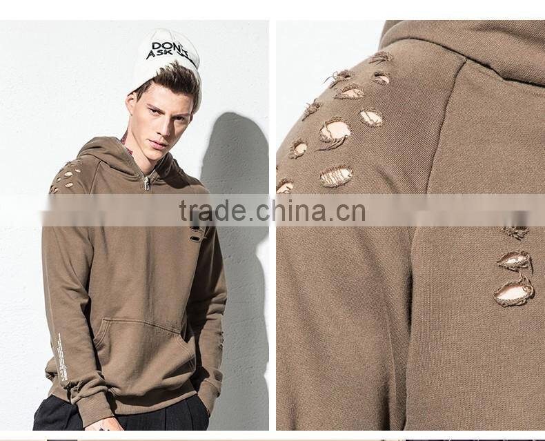 2017 custom mens blank french terry ripped full zip distressed sweatshirts hoodie