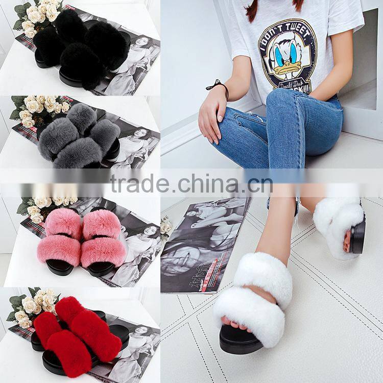 Rabbit Fur Women Fur Slippers Fashion Warm Gladiator Sandals Ladies Summer Flats Casual Platform Slides Fslipper-5