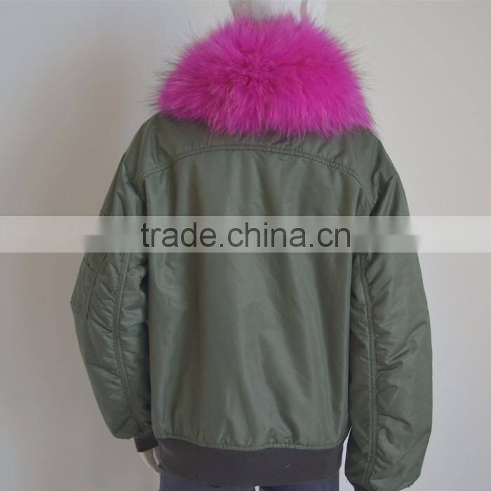 Myfur Customized Polyester MA1 Bomber Jacket with Detachable Dyed Raccoon Fur Collar for Women