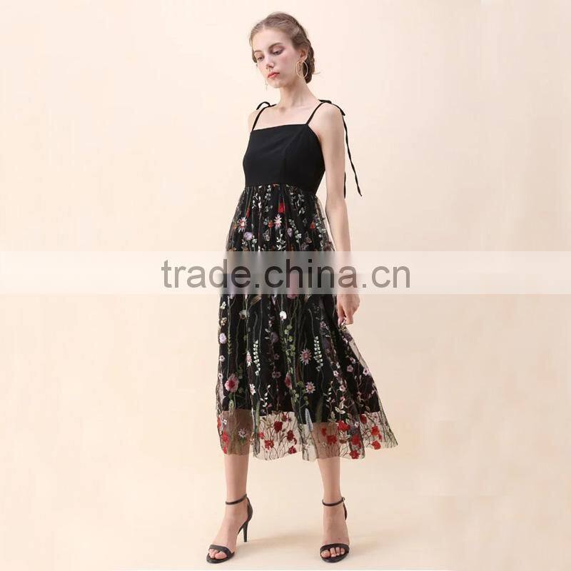 NEWEST WOMEN self-tie strap and floral embroidery black mesh dress