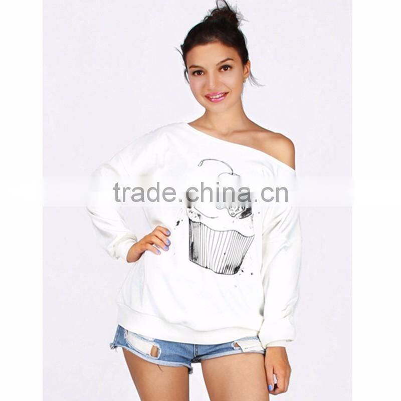 Latest White Off Shoulder Cake Print Sweatshirt for Women