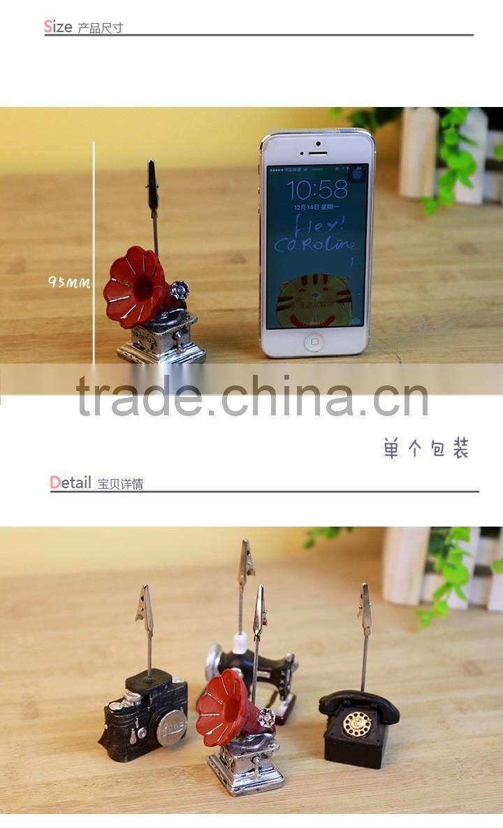 Novel cute sewing machine phonograph camera phone shape name card paper photo clips holder stand resin craft for logo custom