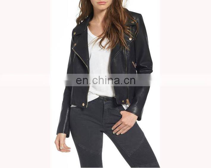 High Quality Custom Your Deisgn Women Fashion Motocycle Biker Black Short Genuine Leather Jacket Made in China