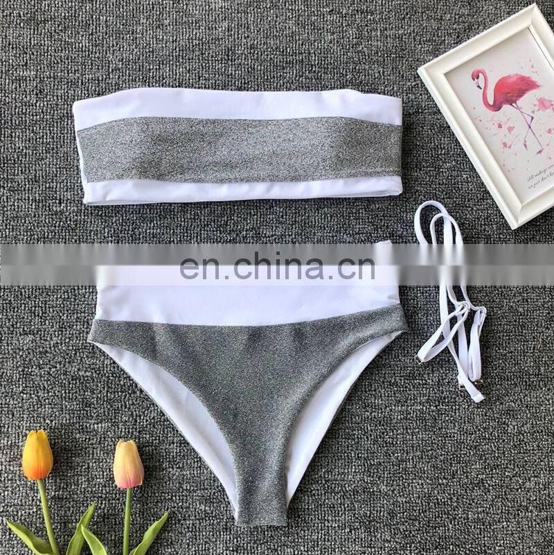 2019 Sexy Solid Glitter Two Piece Swimwear Women Bandeau Wrapping Push Up Swimsuit Mujer Off Shoulder New Padded Bikini