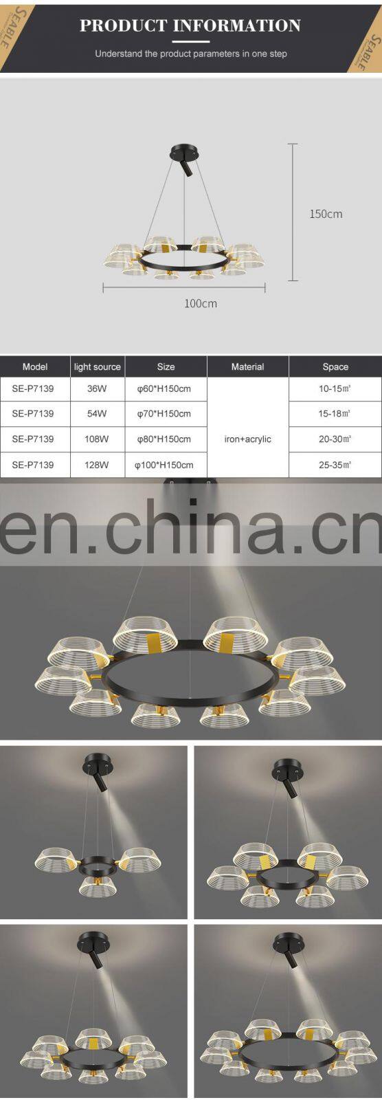 New Design Luxury Decoration Indoor Acrylic Dining Room LED 36 54 108 128 W Modern Pendant Lamp