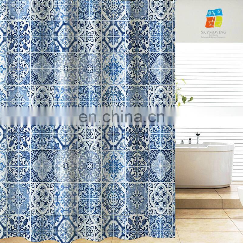 Latest design blue tile collection peva shower curtain