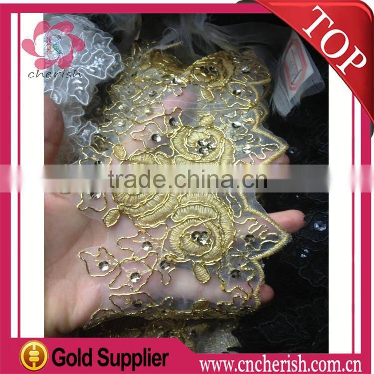 Hight quality gold embroidery lace trim george lace with beads for dress