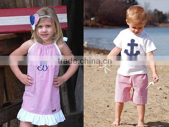 OEM design Hot Sale Seersucker boys shorts matching seersucker gingham clothing set for children